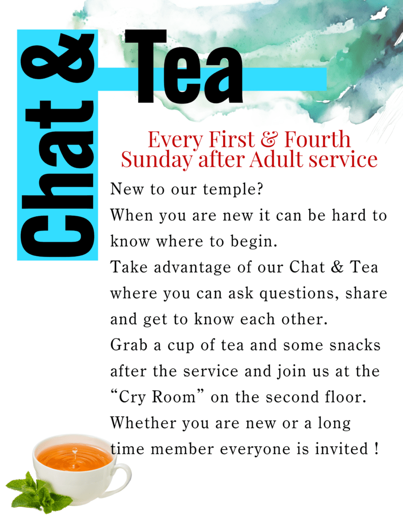 Flyer describing the Chat and Tea social event at the Tri-State Denver Buddhist Temple that occurs the first and fourth Sunday of each moth unless noted otherwise