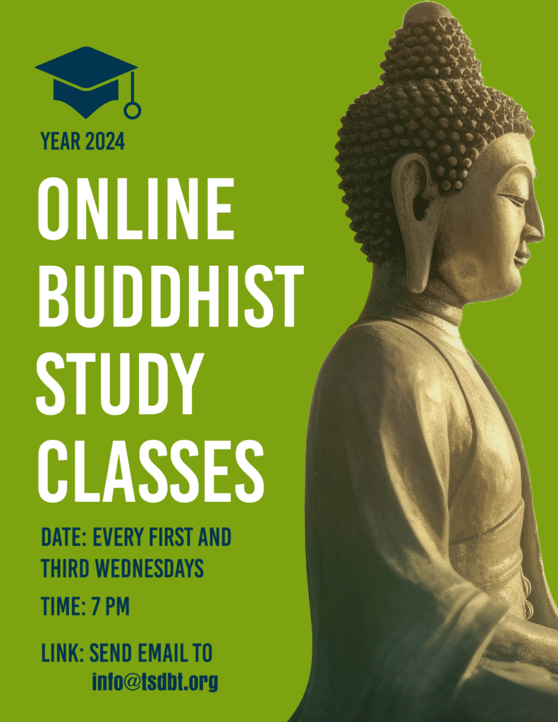 Flyer describing online Buddhist study classes at Tri-State Denver Buddhist Temple on first and third Wednesday of each month 