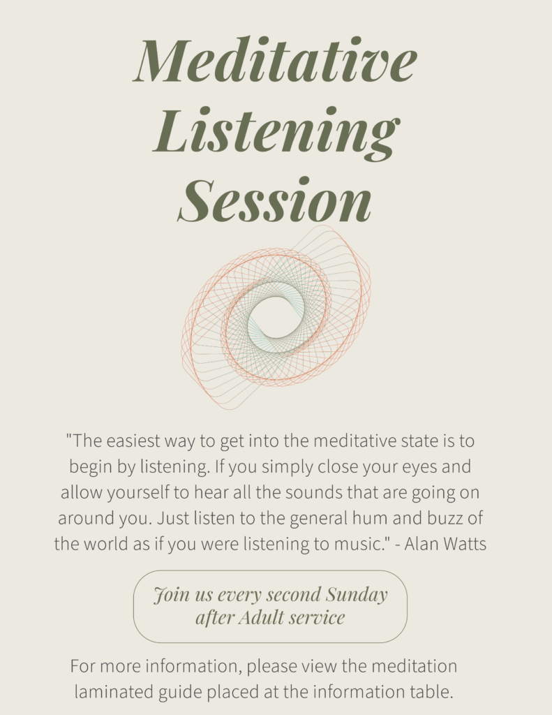 Flyer describing the Meditative Listening Session at the Tri-State Denver Buddhist Temple that occurs the second Sunday of each month unless noted otherwise.