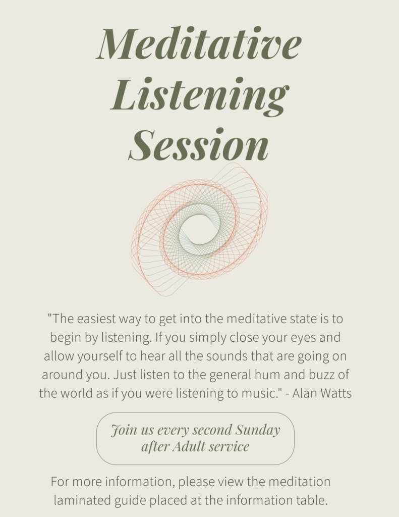 Flyer describing the Meditative Listening Session at the Tri-State Denver Buddhist Temple that occurs the second Sunday of each month unless noted otherwise.