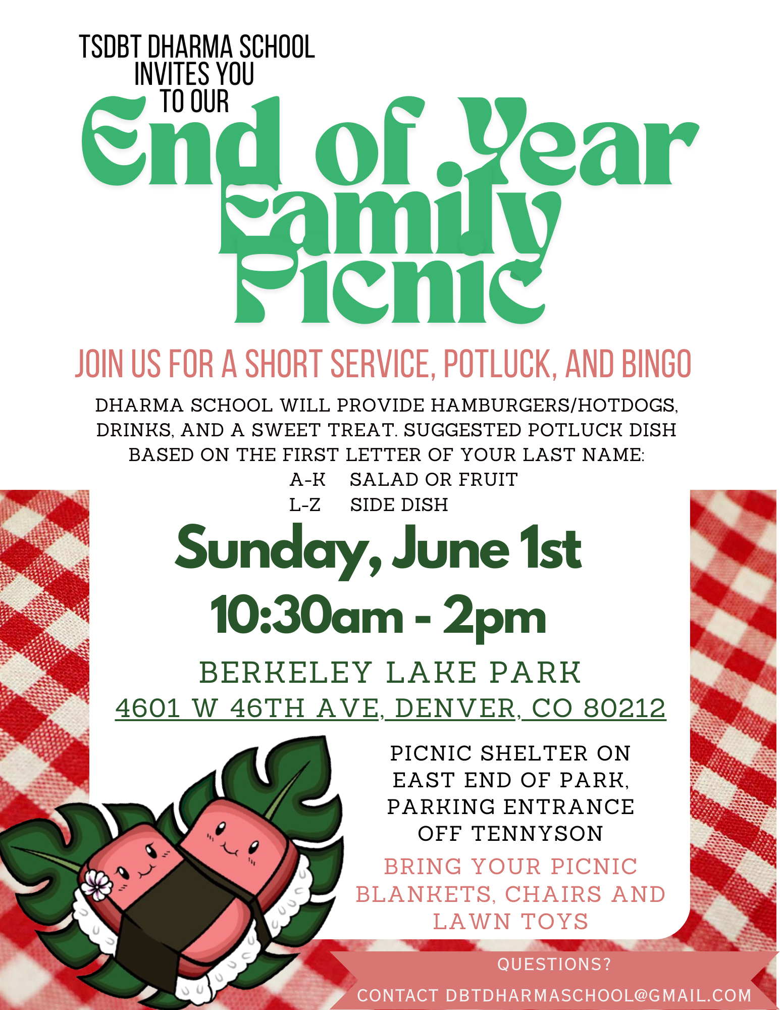 A flyer for the TSDBT end of year family picnic on June 1 at Berkeley Lake Park