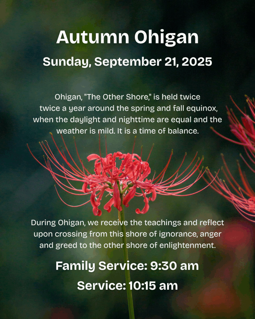 Flyer for Autumn Ohigan Services on September 21, 2025. Family Service is at 9:30 am, and regular Service is at 10:15 am. The flyer features an image of higanbana, red spider lily, which blooms in the fall in Japan and is associated with autumn Ohigan. The text reads: Ohigan, "The Other Shore," is held twice twice a year around the spring and fall equinox, when the daylight and nighttime are equal and the weather is mild. It is a time of balance. During Ohigan, we receive the teachings and reflect upon crossing from this shore of ignorance, anger and greed to the other shore of enlightenment."