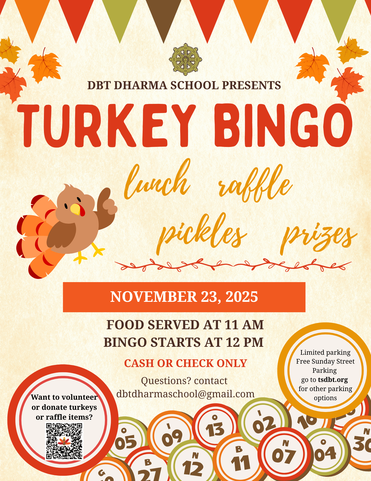 Flyer advertising Turkey Bingo 2025 in fall colors with a cartoon turkey and bingo balls.