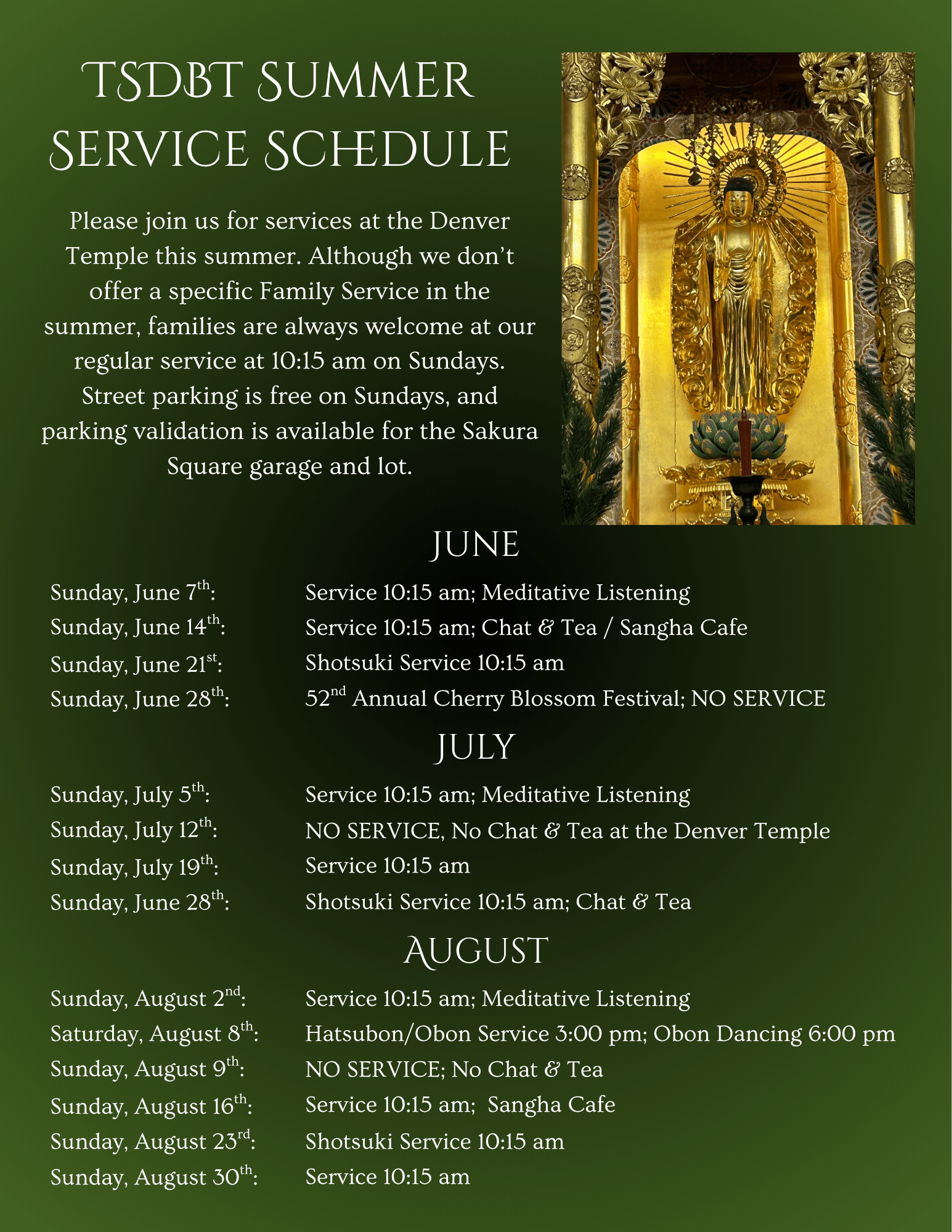 Flyer featuring altar statue of Amida Buddha. Flyer provides TSDBT schedule of summer 2026 services.